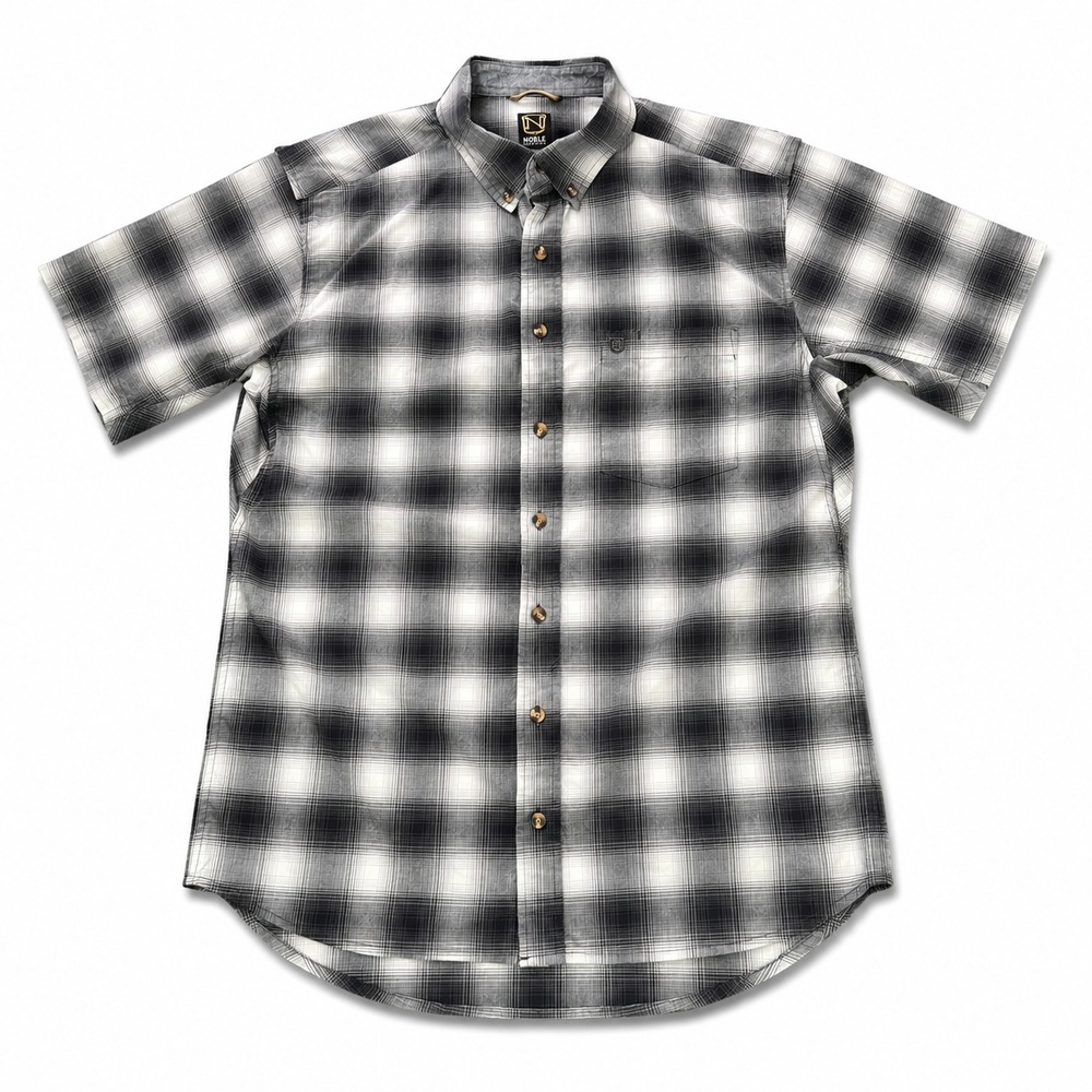 Noble Outfitters Mens Large Plaid Button Front Shirt Gray Black Short Sleeve